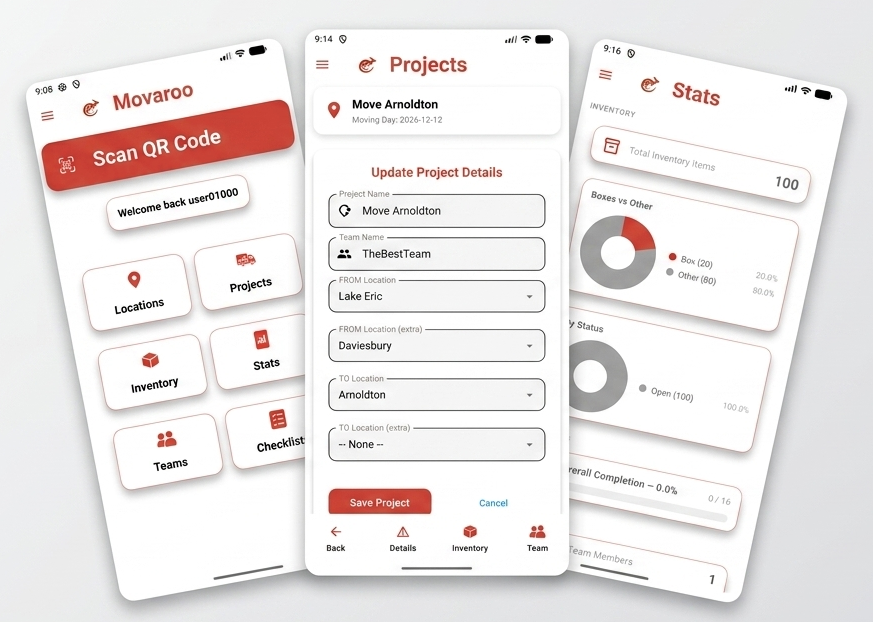 Movaroo mobile app sample screens