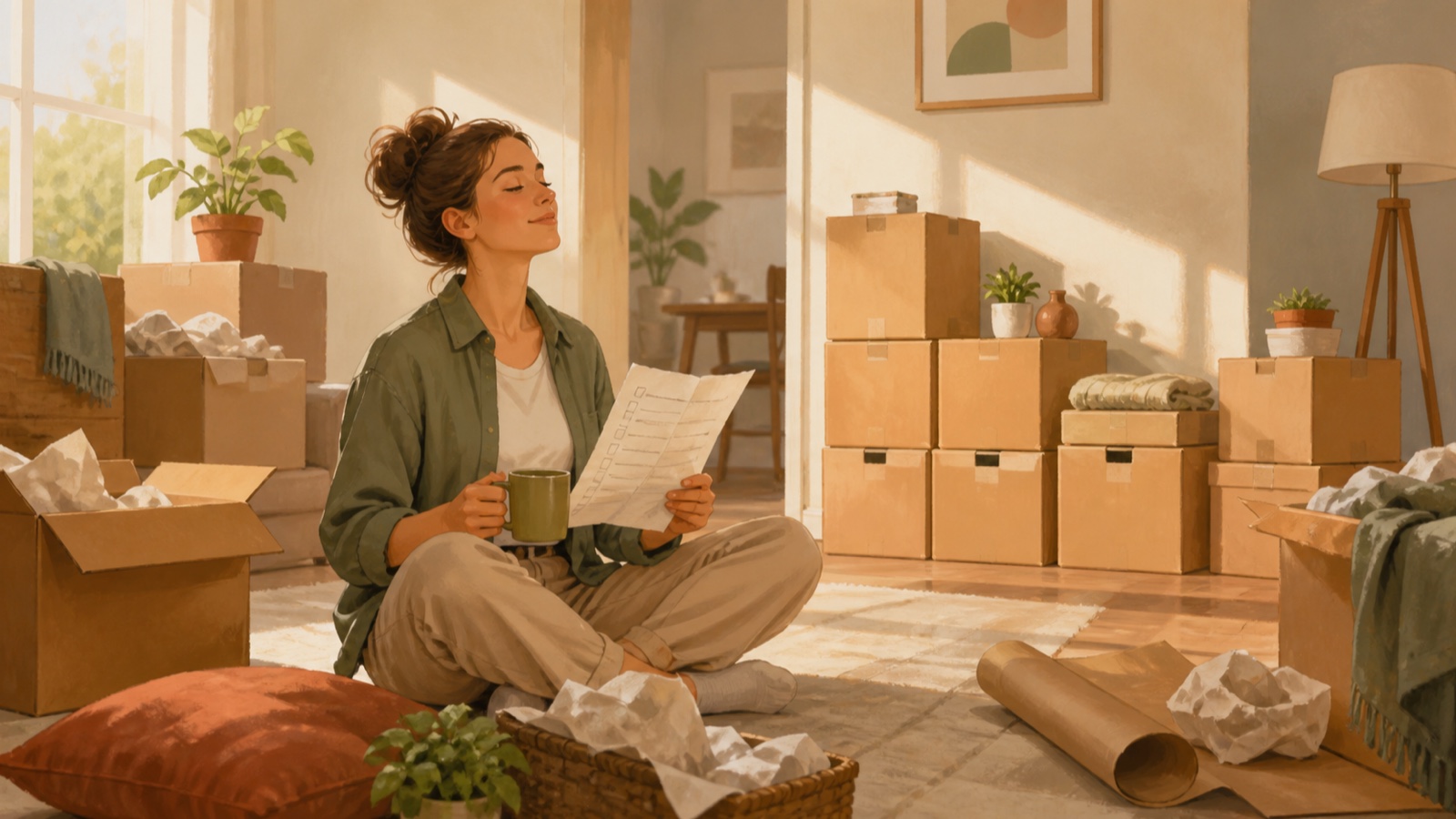 A person pauses calmly with a moving checklist among boxes in a sunlit room